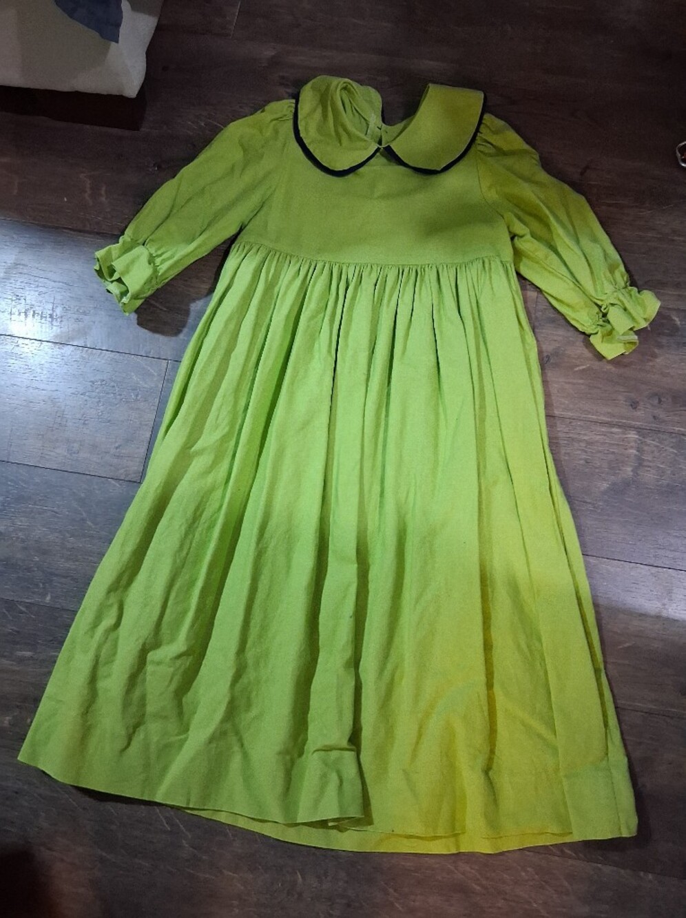 Girls Green Collar Puff-Short Sleeve Long Babydoll Dress